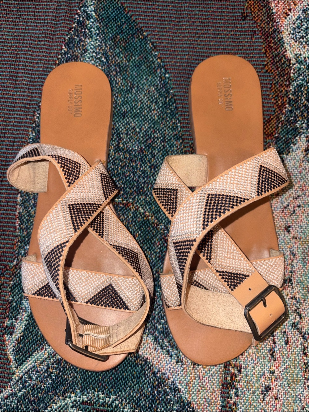 Mossimo Supply Co. Beige & Black Geometric Cross-Strap Sandals